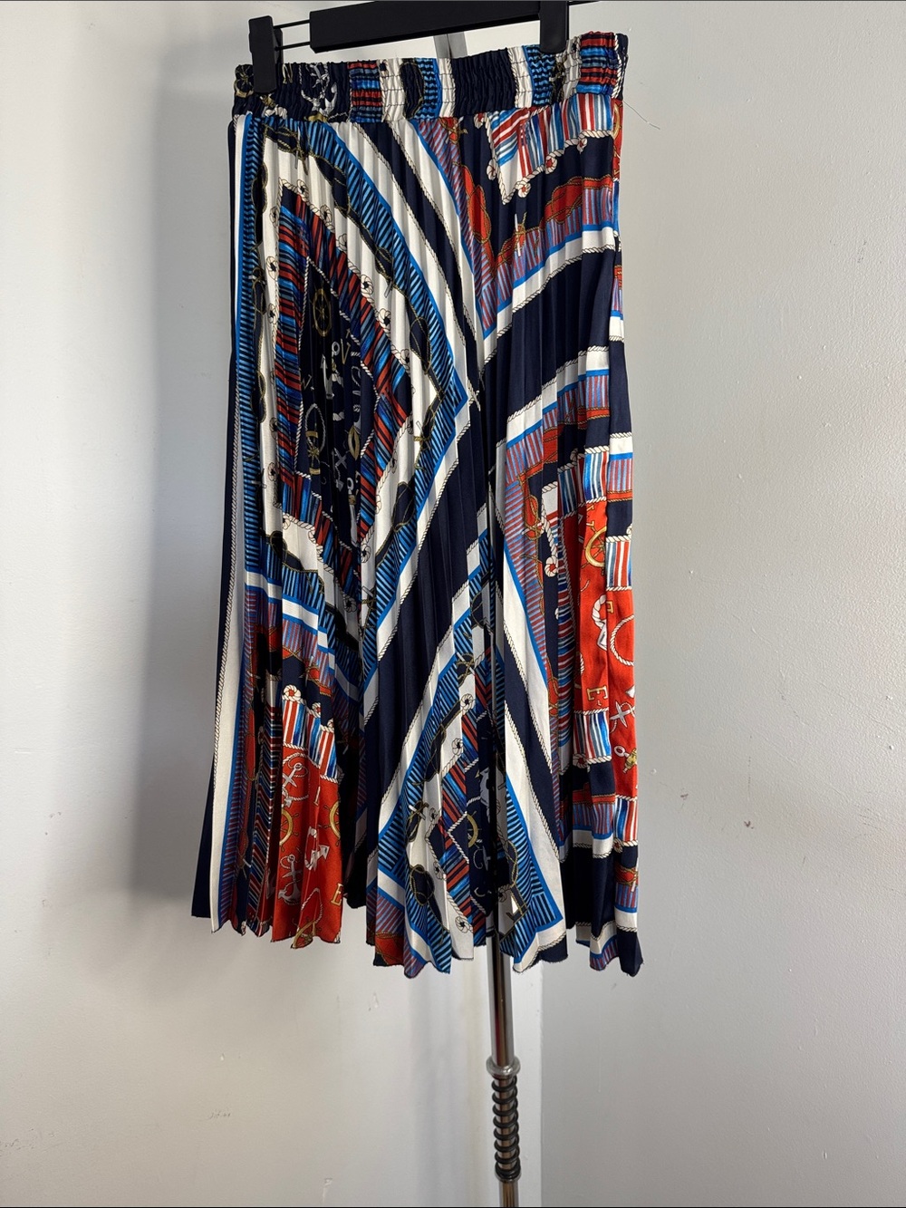Zara Navy, Red, White & Blue Pleated Geometric Midi Skirt
